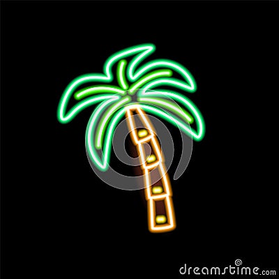 Neon sign of palm on black background. Fluorescent tropical tree symbol. Decorative glowing illuminated element. Outline Vector Illustration