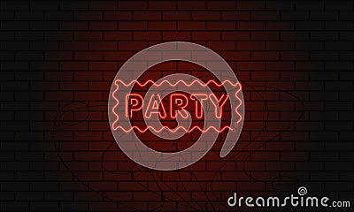 Neon sign party in wave area on brick wall background. Stock Photo