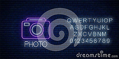 Neon sign of photo camera symbol with text and alphabet. Photography camera sign. Photo logo Vector Illustration