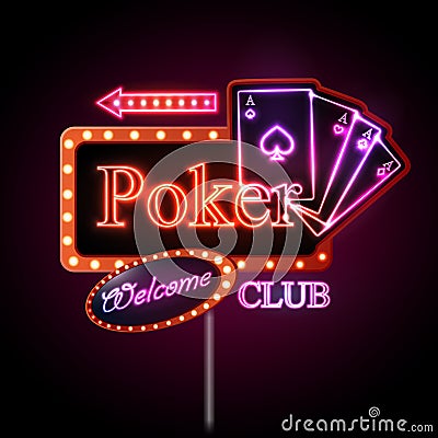 Neon sign. Poker club Vector Illustration