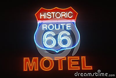 A neon sign that reads ï¿½Historic Route 66 Motelï¿½ Editorial Stock Photo
