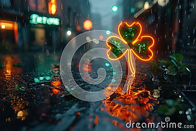 Neon sign of shamrock clover on dark city street. Saint Patrick's Day. AI generated. Generative AI Stock Photo