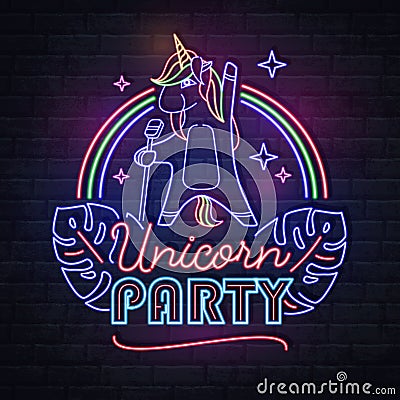 Neon sign singing unicorn party with fluorescent tropic leaves. Vintage electric signboard Vector Illustration