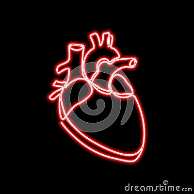 Neon sign single continuous line art anatomical human heart silhouette. Healthy medicine concept design neon glow red Vector Illustration