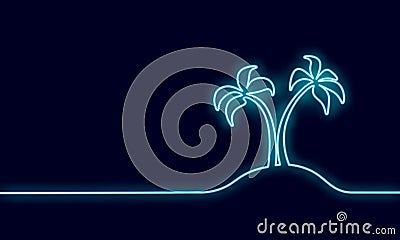 Neon sign single continuous line art coconut tree palm. Tropic paradise island landscape design one sketch outline Vector Illustration