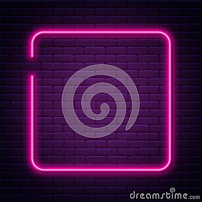 Neon sign in square shape. Bright neon light, illuminated square frame. Glowing purple neon tube on dark background. Signboard or Vector Illustration