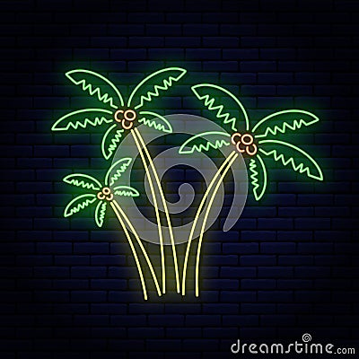 Neon sign, three palm trees of different size against a brick wall. Vector Illustration