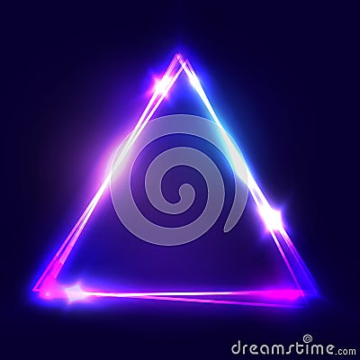 Neon sign. Triangle background. Glowing electric abstract frame on dark backdrop. Light banner with glow. Bright vector Vector Illustration