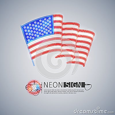 Neon Sign Wavy USA Flag on Light Gray Vector Illustration