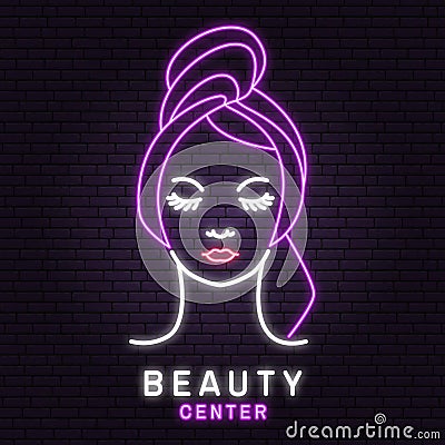 Neon sign. Woman face for logo, label, badge, emblem. Pretty lady wrap towel Beauty center sign for cosmetics, jewellery Vector Illustration