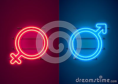 Neon sign women man. Red sexy symbol banner Cartoon Illustration