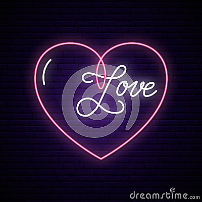 Neon sign, the word Love with heart on dark brick wall. Vector Illustration