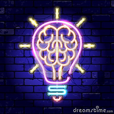 Neon Signboard Brain Light Bulb Idea Vector Illustration