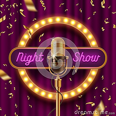 Neon signboard, fame with light bulbs and Retro microphone on stage gainst the purple curtain and falling golden confetti. Vector Illustration