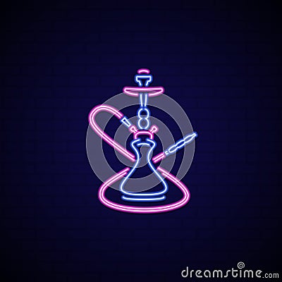 Neon signboard of hookah. Neon sign hookah for lounge cafe emblem, arabian bar, shop. Vector Illustration