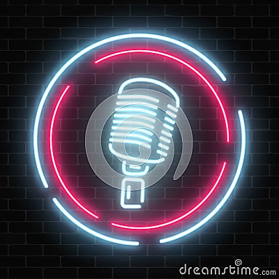 Neon signboard with microphone in round frame. Glowing street sign of bar with karaoke and live singers. Vector Illustration