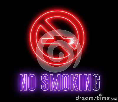 Neon signboard of `NO SMOKING`. Shiny glowing light and warning about unhealthy habit Stock Photo