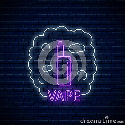 Neon signboard of vape shop or club. Glowing neon sign with vape kit and smoke. Vaping shop symbol Vector Illustration