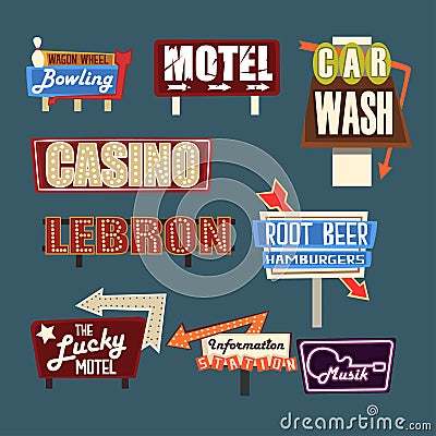 Neon signboards, billboards, light boxes and banners set of vector Illustrations Vector Illustration