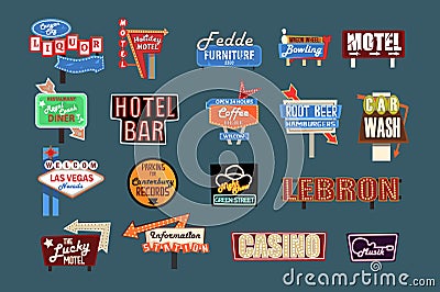 Neon signboards, billboards, light boxes and banners set of vector Illustrations Vector Illustration