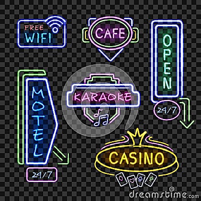 Neon Signboards Realistic Night Collection Transparent Cartoon Illustration