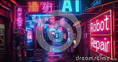 Neon signs of AI Robot Repair on wet deserted street or alley at night, gloomy dark city shops with purple and blue light. Concept Stock Photo