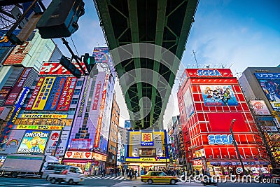 Neon signs and billboard advertisements in Akihabara Editorial Stock Photo