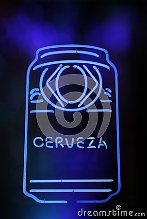 Neon Signs Blue Neon Beer Can Sign Cerveza Spanish Beer Sign Stock Photo