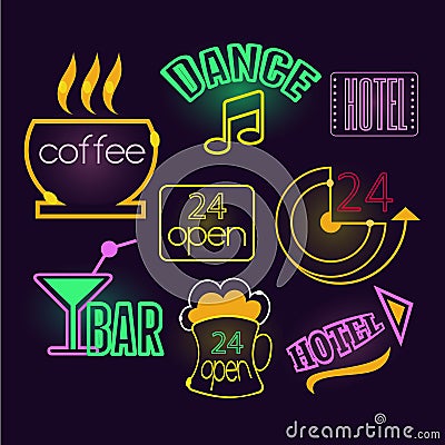 Neon Signs of Cafe, Hotel and Bar. Vector Vector Illustration