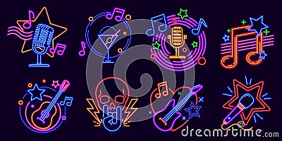 Neon signs for karaoke club and stand up comedy show. Music party night glowing logo with microphones and note. Karaoke Vector Illustration