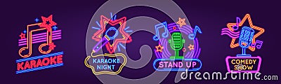 Neon signs for karaoke club and stand up comedy show. Music and song singing party night glowing logos. Karaoke bar Vector Illustration