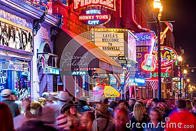 Neon signs on Lower Broadway Nashville Editorial Stock Photo