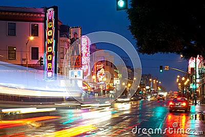 Neon signs of Nightclubs at Broadway Avenue in San Francisco Editorial Stock Photo