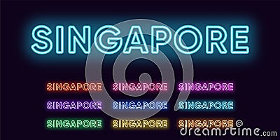 Neon Singapore name, City and Republic in Asia. Neon text of Singapore city. Vector set of glowing Headlines Vector Illustration