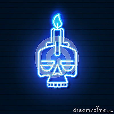 Neon skull with candle on brick wall Vector Illustration