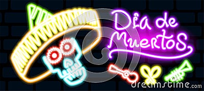 Neon skull in a sombrero of different colors with a glow on a black background. Vector Illustration