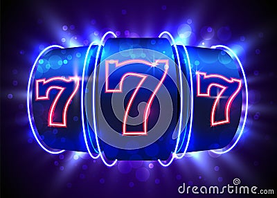 Neon slot machine wins the jackpot. 777 Big win casino concept. Vector Illustration