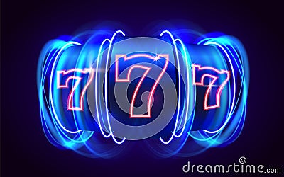 Neon slot machine wins the jackpot. 777 Big win casino concept. Vector Illustration