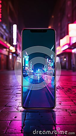 Neon smartphone sign shines on brick wall, epitomizing digital connectivity in urban landscapes. Stock Photo