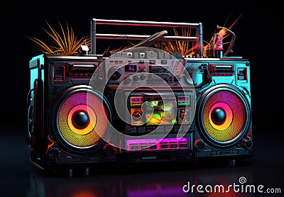 Neon sound system boombox on black background Stock Photo