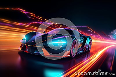 Neon speed demon, Futuristic sports car accelerates with vibrant light trails Stock Photo