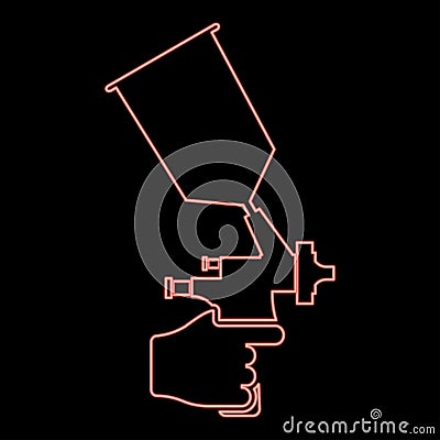 Neon spray gun holding in hand Sprayer using Arm use tool atomizer pulverizer red color vector illustration image flat style Vector Illustration