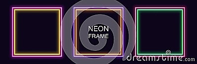 Neon square Frame. Set of quadrate neon Border with double outline. Geometric shape Vector Illustration