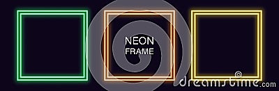 Neon square Frame. Set of quadrate neon Border with double outline Vector Illustration