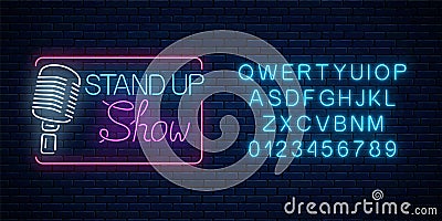 Neon stand up show sign with retro microphone. Comedy battle glowing signboard with alphabet Vector Illustration