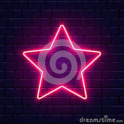 Neon star. Bright pink star frame on brick wall background with backlight. Realistic glowing night signboard. Retro star Vector Illustration