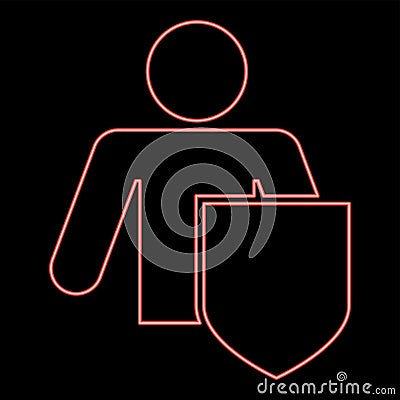 Neon stick man with shield Protecting personal data concept Man holding shield for reflecting attack Protected from attack idea Vector Illustration