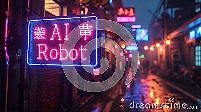 Neon store sign of AI Robot in cyberpunk city street at night, dark alley with futuristic shop. Gloomy grungy buildings with low Stock Photo