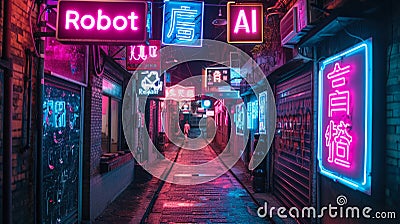 Neon store signs of AI and Robot on wet deserted city street at night, grungy dark alley with purple and blue light. Concept of Stock Photo