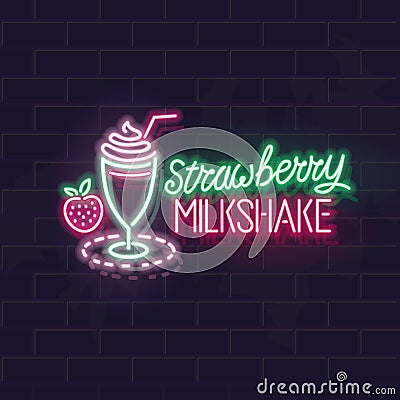 Neon strawberry milkshake typography and icon. Vector isolated neon illustration for any dark background. Fluorescent Vector Illustration